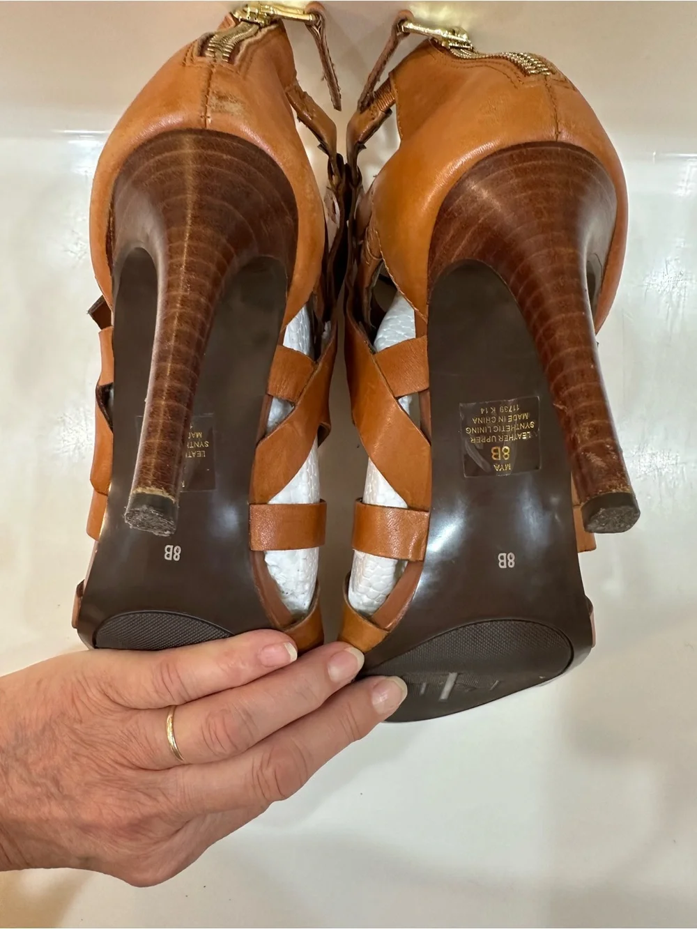 Lauren Ralph Mya Strappy Cage Leather Heeled Sandals Tan/Brown - 8B 3.5”L Heel - Picture 9 of 13